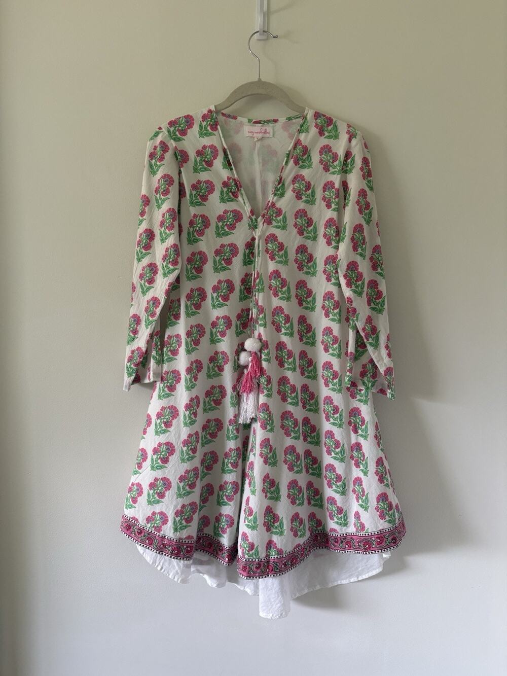 Mary Marshmallow Pink Floral Resort Palm Beach Preppy Cotton Block Print dress S